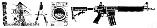 Black and white vector of power drill, electricity tower, drafting compass, washing machine, and rifle isolated design elements for UI, print, or digital use.