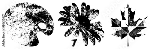 Distressed black and white vector painter’s palette, dandelion flower, maple leaf, textured halftone style, graphic design elements.