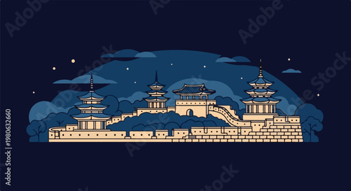 Stylized ancient fortress with tiered pagodas under a starry night sky