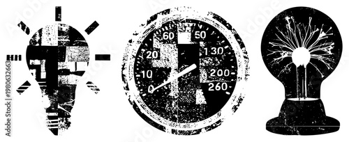 Distressed black and white vector illuminated bulb, analog thermometer, and electrical coil. Retro tech symbols with gritty texture, ideal for vintage UI or industrial design.