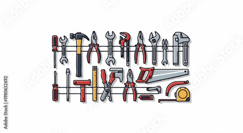 Assortment of various hand tools neatly arranged on a white background