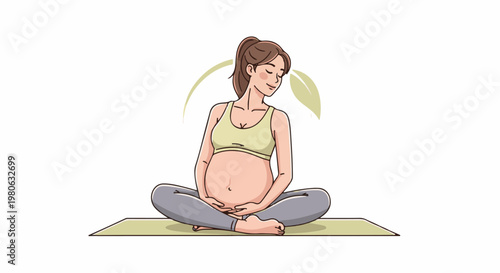 Pregnant woman meditating on a yoga mat, hands on belly