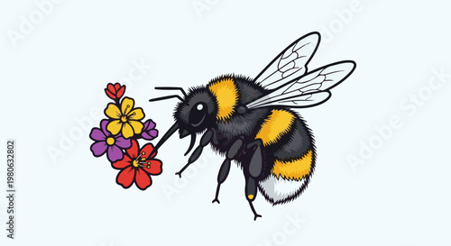 A bumblebee with fuzzy yellow and black stripes holds a small bouquet of flowers