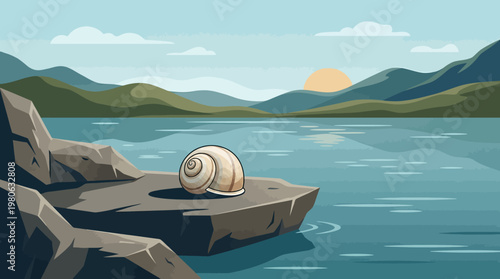 Large spiral snail shell resting on a dark rock by a calm mountain lake shore at sunset in a flat vector illustration design
