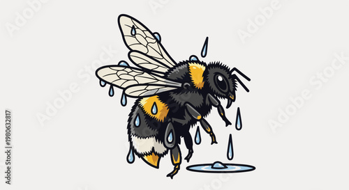 Stylized bumblebee covered in raindrops, with drops falling