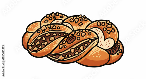 Stylized braided pastry with nutty filling and speckles