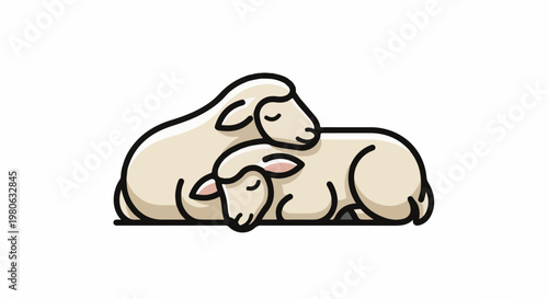 Two stylized sheep nuzzle together, one slightly larger than the other