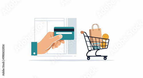 Hand holding payment card near shopping cart with purchases