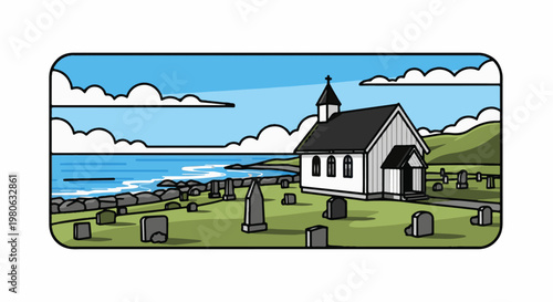 Coastal church and graveyard under a cloudy sky by the sea