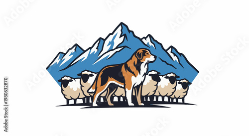 Shepherd dog and sheep in front of snow-capped mountains