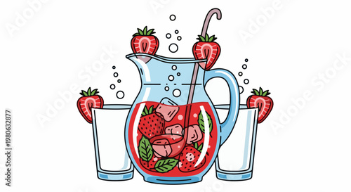 Refreshing pitcher of strawberry infused beverage with two glasses