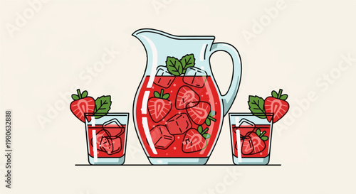 A pitcher and two glasses filled with strawberry iced drink, garnished