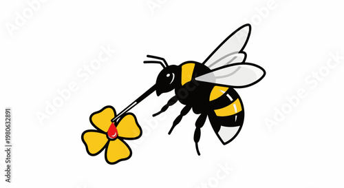Stylized bee collecting nectar from a yellow flower with a red drop