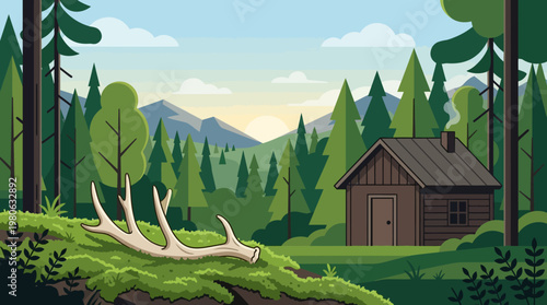 Rustic wooden cabin vector illustration nestled in forest clearing with large antler and mountain sunrise backdrop.