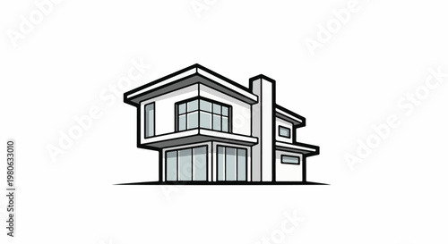 Modern white house with large windows, clean lines, and a chimney