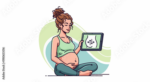 Pregnant woman sitting cross-legged, holding tablet showing baby growth chart