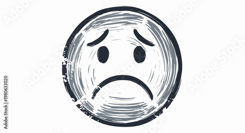 A hand-drawn, distressed smiley face conveys a sense of sadness and melancholy