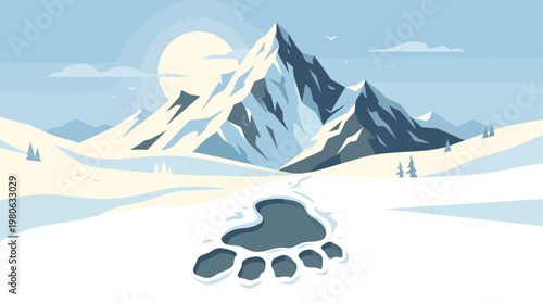 Large yeti footprint in snowy mountain landscape with rocky peaks and bright sun in flat vector illustration style for winter adventure
