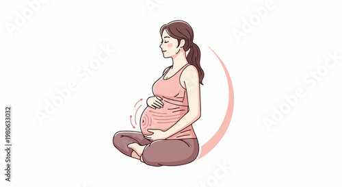 Pregnant woman in meditative pose, touching belly with care
