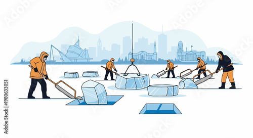Workers in cold weather gear harvesting large ice blocks with saws and a crane