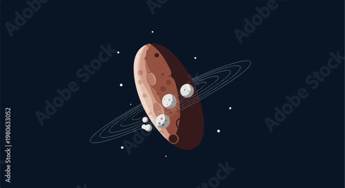 A planet with rings, moons, and celestial dust against a dark starry background