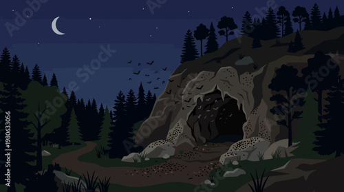 Dark cave entrance vector illustration in mysterious forest night with bats flying out under crescent moon.
