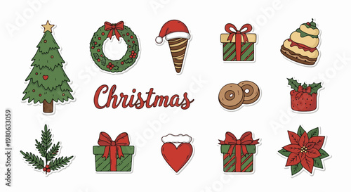Assorted Christmas holiday themed illustrations including tree, gifts, treats, and foliage