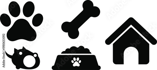 Pet care silhouette icon set dog paw prints house food bone vector bundle