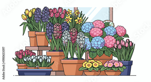 An array of potted flowers including tulips, hyacinths, daffodils, hydrangeas, and pansies