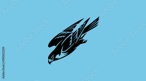 Silhouette of a falcon in flight against a blue background, elegant design.