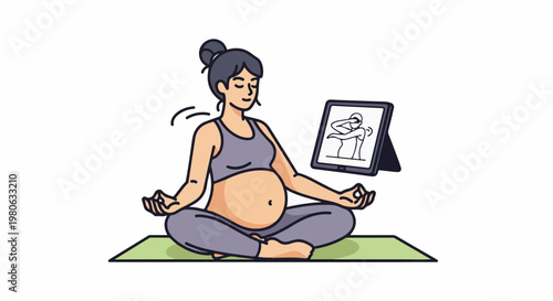 Pregnant woman meditating while following exercise tutorial on a tablet