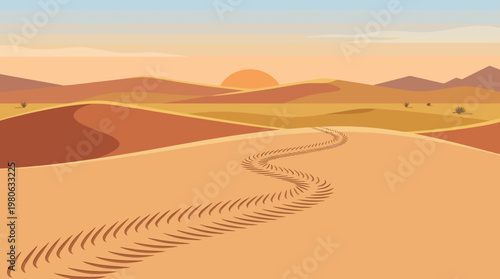 Winding tire tracks across vast golden sand dunes in desert landscape under warm sunset sky vector illustration background