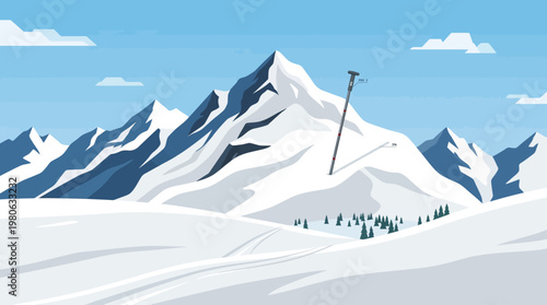 Snow probe tool measuring depth on mountain slope with snowy peaks in background flat vector illustration for winter safety concept