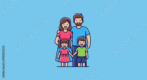 Cartoon family of four with a dad, mom, son, and daughter