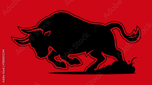 Silhouette of a powerful bull on a vibrant red background.