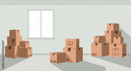 Cardboard boxes stacked near a window in an empty room