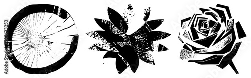 Three stylized botanical forms rendered in bold black vector with textured halftone effects tree stump, lotus, rose ideal for graphic design or print applications.