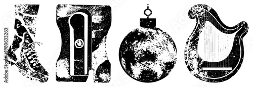 Grungy black and white vector sneaker, remote control, Christmas ornament, harp isolated, stylized, textured, graphic design elements.
