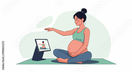 Pregnant woman watching online exercise tutorial on tablet