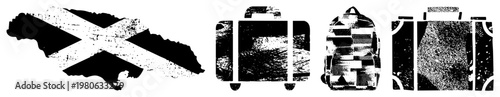 Grunge style Scotland map with X flag, travel suitcases, backpacks, and luggage silhouettes, ideal for tourism, travel apps, or adventure branding.
