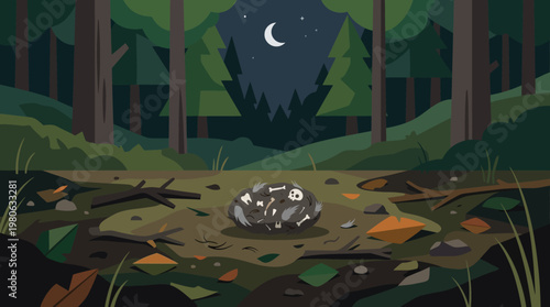 Animal bones and feathers in a forest clearing at night under a moonlit sky illustration