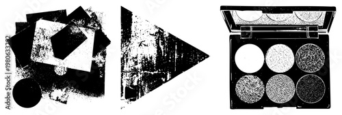 Stylized black and white geometric forms with grunge texture, isolated makeup palette with glittery eyeshadows, vector art composition, graphic design elements.