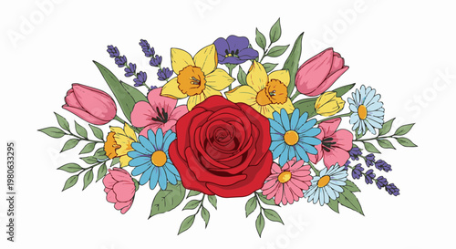 Vibrant floral arrangement featuring a red rose, tulips, daffodils, and daisies