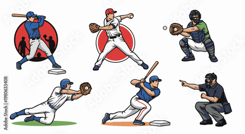 Baseball players in various action poses on a white background