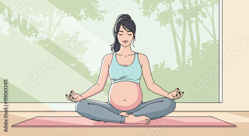 Pregnant woman meditating peacefully indoors with sunlight streaming through window