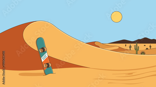 Sandboard standing in golden desert dune under bright sun vector illustration for adventure and extreme sports concept