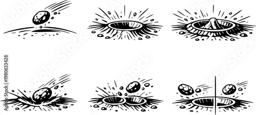 Asteroid Impact and Crater Formation Black and White Vector Icon Set