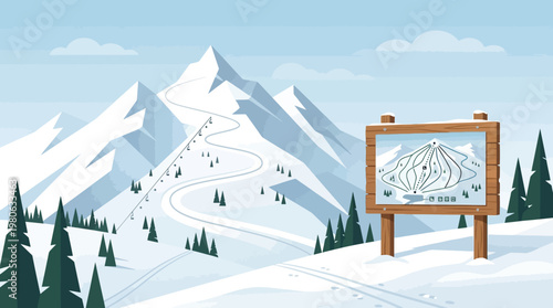 Ski resort mountain trail map signpost with winding snowy slopes and chairlift in background vector illustration for tourism