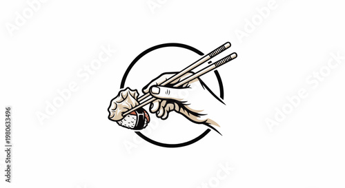 A stylized illustration of a hand holding sushi with chopsticks inside a circle