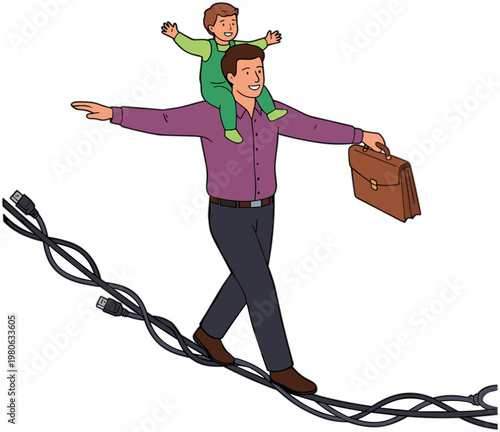 Balancing work and family life, a father with a briefcase walks a tightrope of cables with his child on his shoulders
